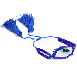 Miyuki Seed Braided Bead Bracelet with Double Tassel, Evil Eye Friendship Bracelet for Women, Royal Blue, 11 inch(28cm)(BJEW-A121-09B)