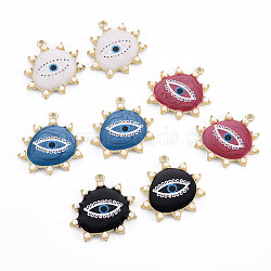 Rack Plating Printed Alloy Pendants, with Enamel and ABS Plastic Imitation Pearl, Cadmium Free & Nickel Free & Lead Free, Oval with Eye, Light Gold, Mixed Color, 34.5x32x4mm, Hole: 2mm(ENAM-Q445-012-NR)