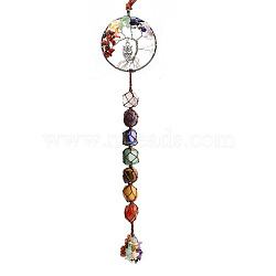 Chakra Theme Big Pendant Decorations, Hand Knitting with Owl Charm, Natural Gemstone Beads and Stone Chips Tassel, Flat Round with Tree of Life, Silver Color Plated, 35cm(HJEW-PW0001-004D-S)