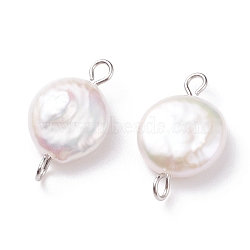 Natural Baroque Pearl Keshi Pearl Connector Charms, Cultured Freshwater Pearl, with 304 Stainless Steel Double Loops, Flat Round, Floral White, Stainless Steel Color, 19.5x11.5x4.5~5.5mm, Hole: 1.8~2mm(PALLOY-JF01495-01)