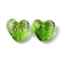 Luminous Handmade Gold Sand Lampwork Beads, Glow in the Dark, Heart, Lime Green, 20.5x20x12mm, Hole: 1.8mm(X-FOIL-B001-03E)