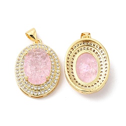 Real 16K Gold Plated Brass Micro Pave Cubic Zirconia Pendants, with Glass, Oval Charms, Pink, 23x17x8mm, Hole: 5x3.5mm(ZIRC-L103-061G-01)