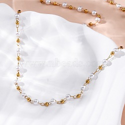 304 Stainless Steel & Round ABS Plastic Imitation Pearl Link Chain Necklaces, Ion Plating(IP), White, Real 14K Gold Plated, 15.75 inch(40cm)(NJEW-U026-19G)