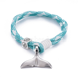 Mult-strand Bracelets, with Polyester & Spandex Cord Ropes , Alloy European Cube Beads, 304 Stainless Steel Pendants, Whale Tail Shape, Cyan, 7-5/8 inch(19.5cm)(BJEW-JB04218-01)