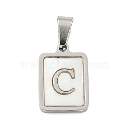 304 Stainless Steel Pave Natural White Shell Pendants, Rectangle with Letter Charms, Stainless Steel Color, Letter C, 17.5x12x1.5mm, Hole: 6x3mm(STAS-S130-03P-C)