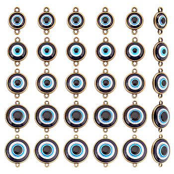 ARRICRAFT 30Pcs 5 Style Plastic Connector Charms, with Alloy Findings, Flat Round with Dark Blue Evil Eye, Antique Bronze, 19.5~29x12.5~22.5x4~5mm, Hole: 1.8~2mm, 6pcs/style