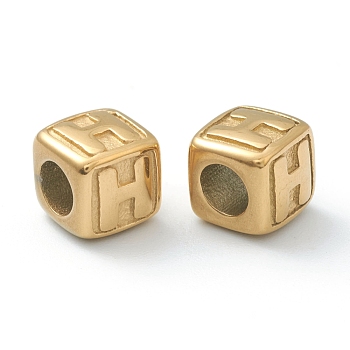 304 Stainless Steel European Beads, Large Hole Beads, Horizontal Hole, Cube with Letter, Golden, Letter.H, 8x8x8mm, Hole: 4mm