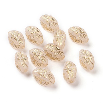 Plating Acrylic Beads, Golden Metal Enlaced, Frosted, Oval with Flower, Moccasin, 14x10x7mm, Hole: 1.8mm, about 1190pcs/500g