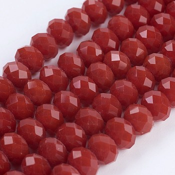 Opaque Glass Beads Strands, Faceted, Rondelle, Red, 8x6mm, Hole: 1~1.5mm, about 63~65pcs/strand, 39~40cm