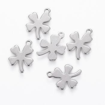 304 Stainless Steel Charms, Four Leaf Clover, Stainless Steel Color, 13.5x10x0.6mm, Hole: 1mm