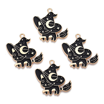 Light Gold Tone Alloy Enamel Pendants, Cat with Witch Hat & Broom, Black, 28x26x1.5mm, Hole: 1.8mm