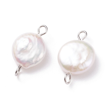 Natural Baroque Pearl Keshi Pearl Connector Charms, Cultured Freshwater Pearl, with 304 Stainless Steel Double Loops, Flat Round, Floral White, Stainless Steel Color, 19.5x11.5x4.5~5.5mm, Hole: 1.8~2mm