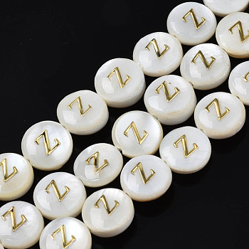 Natural Freshwater Shell Beads, with Golden Enamel, Horizontal Hole, Flat Round with Alphabet, Seashell Color, Letter.Z, 8x3.5~4.5mm, Hole: 0.5mm, about 40pcs/strand, 12.20~12.60inch(31~32cm)