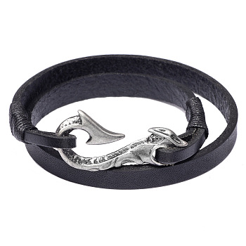 Two Loops Genuine Cowhide Leather Warp Bracelets, with Alloy Findings,  Antique Silver, Black, 16.5 inch(42cm), 9mm