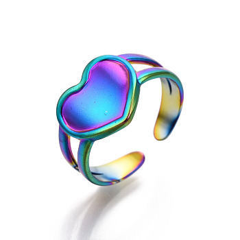 304 Stainless Steel Heart Cuff Rings, Wide Band Rings, Open Rings for Women Girls, Rainbow Color, US Size 7(17.9mm)