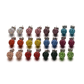 Polymer Clay Rhinestone Ball Stud Earrings, with Stainless Steel Stud Earring Findings, Stainless Steel Color, Mixed Color, 10mm, Pin: 0.8mm