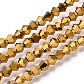 Electroplate Glass Bead Strands, Rainbow Plated, Faceted Bicone, Golden Plated, 4x4.5mm, Hole: 1mm, about 82~85pcs/strand, 30.5~31cm