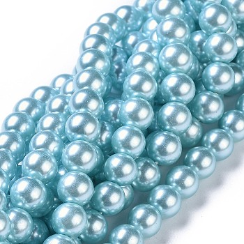 Eco-Friendly Dyed Glass Pearl Round Beads Strands, Grade A, Cotton Cord Threaded, Aqua, 8mm, Hole: 0.7~1.1mm, about 52pcs/strand, 15 inch