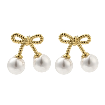 304 Stainless Steel Shell Pearl Bowknot Stud Earrings for Women, Golden, 13x15mm