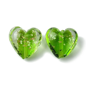 Luminous Handmade Gold Sand Lampwork Beads, Glow in the Dark, Heart, Lime Green, 20.5x20x12mm, Hole: 1.8mm