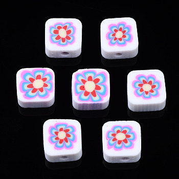 Handmade Polymer Clay Beads, for DIY Jewelry Crafts Supplies, Square with Flower, White, 9~9.5x9.5x4~4.5mm, Hole: 1.8mm