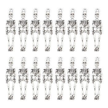 60Pcs Tibetan Style Alloy Pendants for Halloween, Skeleton, Antique Silver, 39x9x2.5mm, Hole: 1.6mm