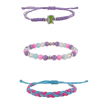 Waxed Polyester String Braided Cord Bracelets Set, Natural Mixed Stone Bracelets with Dinosaur for Women, Purple, Inner Diameter: 1-3/4~3-3/4 inch(2~9.5cm), 3pcs/set