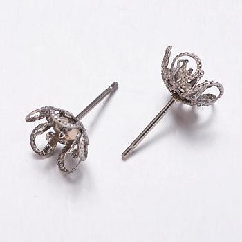 Tarnish Resistant 304 Stainless Steel Stud Earring Findings, Flower, Filigree, Stainless Steel Color, 10x5mm, Inner Diameter: 4mm, Pin: 0.9mm