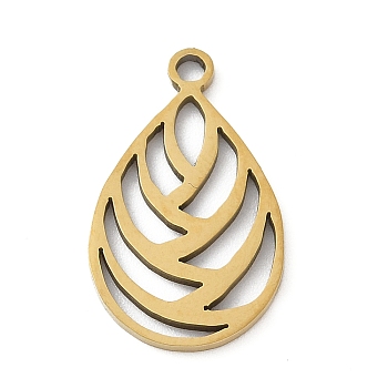 201 Stainless Steel Pendants, Teardrop Charm, Laser Cut, Ion Plating(IP), Real 18K Gold Plated, 18x11x1mm, Hole: 1.4mm