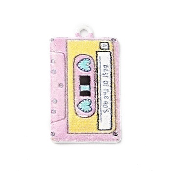 Printed Alloy Pendants, Cassette Tape, Platinum, Pink, 25.5x14.5x2.5mm, Hole: 1.6mm