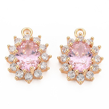 Brass Micro Pave Cubic Zirconia Charms, Real 18K Gold Plated, Nickel Free, Oval, Pearl Pink, 15x11x5mm, Hole: 1.5mm