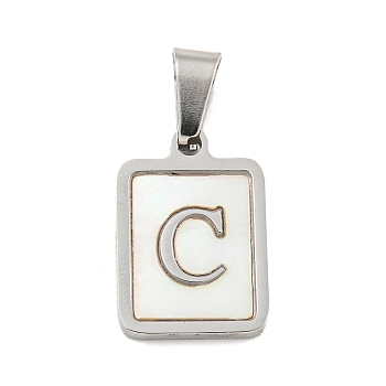 304 Stainless Steel Pave Natural White Shell Pendants, Rectangle with Letter Charms, Stainless Steel Color, Letter C, 17.5x12x1.5mm, Hole: 6x3mm