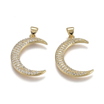 Brass Micro Pave Cubic Zirconia Pendants, Real 18K Gold Plated, Long-Lasting Plated, with Snap on Bails, Moon, Silver, 26x18.5x2.5mm, Hole: 5mm