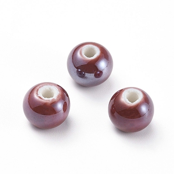 Handmade Porcelain Beads, Pearlized, Round, Dark Red, 8mm, Hole: 2mm