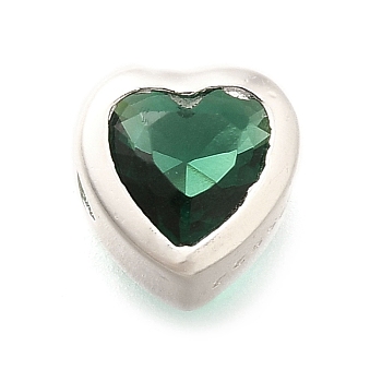 925 Sterling Silver Cubic Zirconia Beads, Heart, with 925 Stamp, Silver Color Plated, Green, 6.5x6.5x4.5mm, Hole: 1.5mm