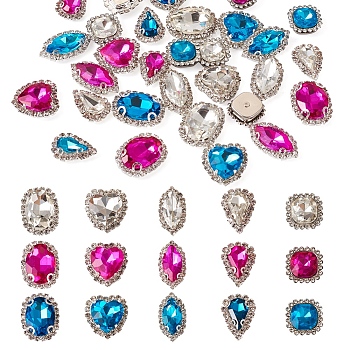 30Pcs 15 Style Sew on Rhinestone, Glass Rhinestone, Garments Accessories, Multi-Strand Links, with Platinum Tone Iron Settings, Heart/Oval/Horse Eye/Teardrop/Rounded Square, Mixed Color, 14~24x13~19x6~7.5mm, Hole: 1~6.5mm, 2pcs/style