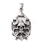 316 Surgical Stainless Steel Big Pendants, Flame Fire Skull Charm, Antique Silver, 56x31.5x11.5mm, Hole: 4x9.5mm(STAS-Z073-26AS)