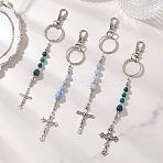 Cross Gemstone & Alloy Pendant Keychains, with Iron Split Key Rings and Alloy Swivel Lobster Claw Clasps, Antique Silver & Platinum, 155~170mm(KEYC-JKC01449)