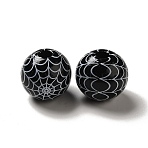 Halloween Printed Spider Webs Colored Wood European Beads, Large Hole Beads, Round, Black, 16mm, Hole: 4mm(X1-WOOD-K007-04C)