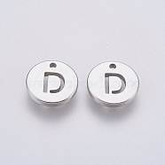 304 Stainless Steel Charms,  Flat Round with Letter, Stainless Steel Color, Letter.D, 10x1mm, Hole: 1mm(STAS-P212-15P-09)