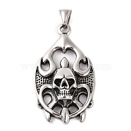 316 Surgical Stainless Steel Big Pendants, Flame Fire Skull Charm, Antique Silver, 56x31.5x11.5mm, Hole: 4x9.5mm(STAS-Z073-26AS)