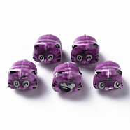 Handmade Porcelain Beads, Famille Rose Style, Tiger, Purple, about 12x10.5x11mm, Hole: 1.8mm(PORC-T007-20D)