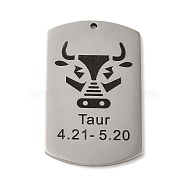 304 Stainless Steel Pendants, Stainless Steel Color, Rectangle with Constellation Charm, Taurus, 43x26.5x1.5mm, Hole: 1.6mm(STAS-C098-01D-P)