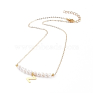 Natural Freshwater Pearl Pendant Necklaces, with Brass Cable Chains, 304 Stainless Steel Letter Charms and Lobster Claw Clasps , Letter.Z, 18.3 inch(46.5cm), Letter Z: 11x8.5x0.6mm(NJEW-JN02862-05)