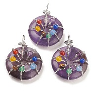 Natural Amethyst Pendants, with Platinum Brass Findings, Donut/Pi Disc with Beaded Charms, 41~42x31x11.5~12.5mm, Hole: 5~5.5x3mm(G-A031-01P-07)