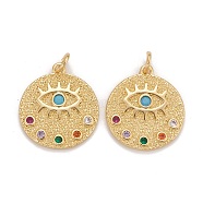 Brass Micro Pave Colorful Cubic Zirconia Pendants, Cadmium Free & Nickel Free & Lead Free, Flat Round with Eyes, Real 18K Gold Plated, 20x18x2mm, Jump Ring: 5x1mm, Inner Diameter: 3.5mm.(X-KK-Z023-10G)