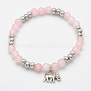 Natural Rose Quartz Beaded Elephant Charm Stretch Bracelets, with Antique Silver Alloy Findings, 53mm(BJEW-JB01974-01)