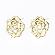 Alloy Stud Earring Findings, with Loop and Steel Pin, Flower with Plastic Protective Cover, Light Gold, 13.5x12mm, Hole: 1mm, Pin: 0.7mm(PALLOY-T064-73LG-RS)