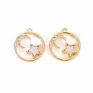 Brass Micro Pave Clear Cubic Zirconia Charms, with Freshwater Shell, Nickel Free, Flat Round with Star and Moon, Real 18K Gold Plated, 13x11x2mm, Hole: 0.6mm(KK-T062-169G-NF)