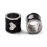 201 Stainless Steel Enamel Beads, Large Hole Beads, Column with Heart, Stainless Steel Color, Black, 11x12mm, Hole: 8.5mm(STAS-Z057-25P)